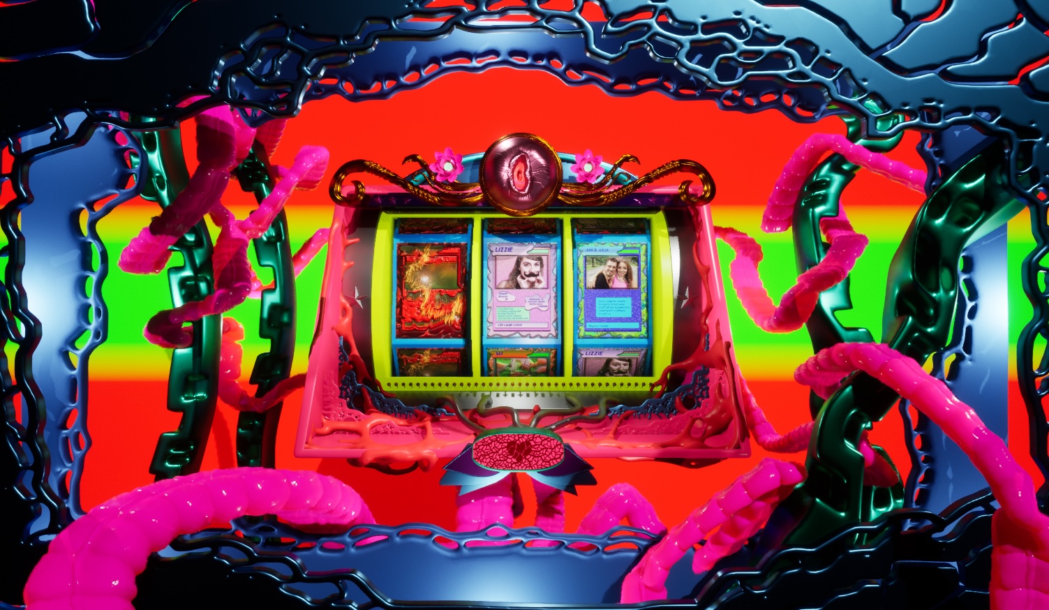 3D computer-generated image of a poker machine. Dating profile cards are visible on the machine. Bright pink guts are wreathed around the machine.