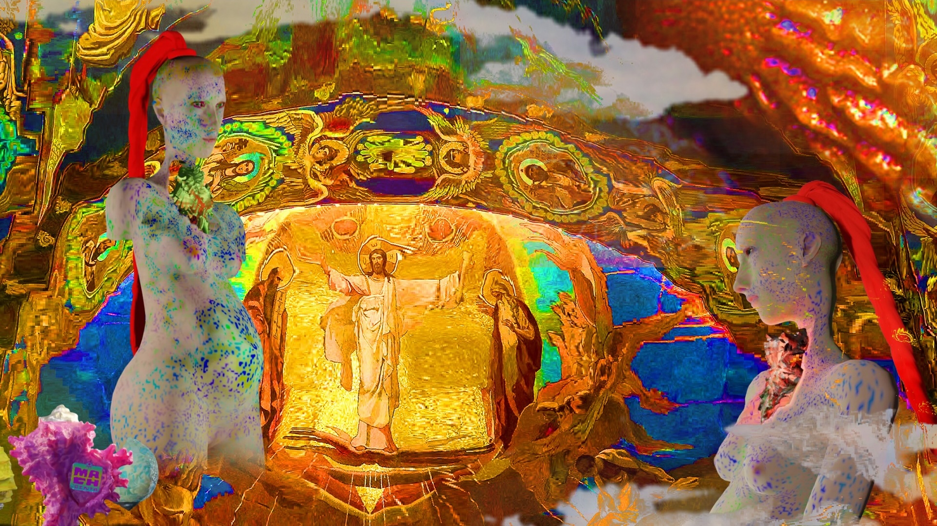 Two computer generated images of naked pregnant woman with a long red braid and blue, green and purple spots all over her body are superimposed over a warped, glitchy, colourful background that includes religious iconography and slugs.